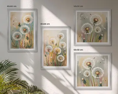 Composição de quadros com flores de dente-de-leão e gramíneas em tons pastel