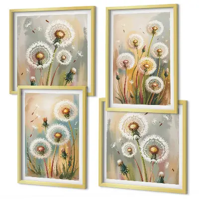 Composição de quadros com flores de dente-de-leão e gramíneas em tons pastel