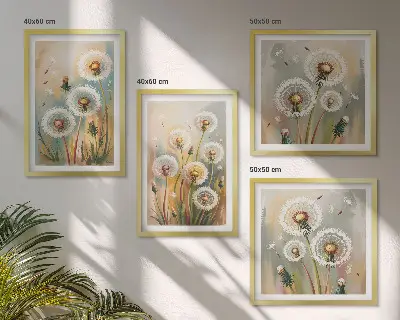 Composição de quadros com flores de dente-de-leão e gramíneas em tons pastel