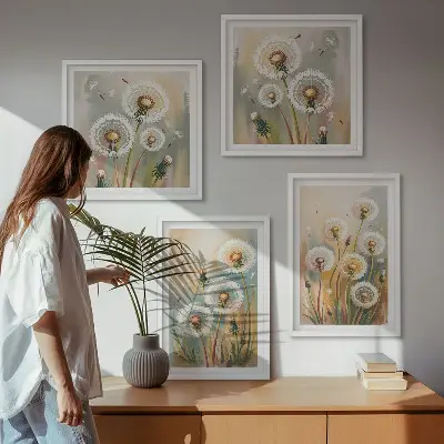 Composição de quadros com flores de dente-de-leão e gramíneas em tons pastel