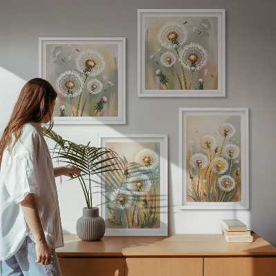 Composição de quadros flores de dente-de-leão gramíneas em tons pastel