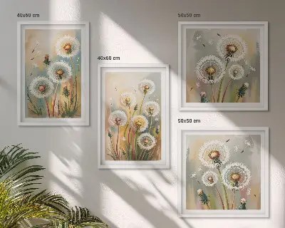 Composição de quadros com flores de dente-de-leão e gramíneas em tons pastel