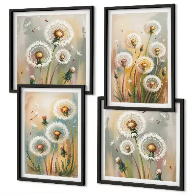 Composição de quadros com flores de dente-de-leão e gramíneas em tons pastel