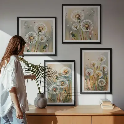 Composição de quadros com flores de dente-de-leão e gramíneas em tons pastel