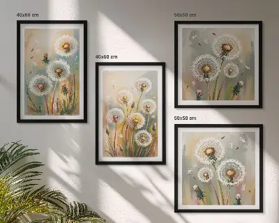 Composição de quadros com flores de dente-de-leão e gramíneas em tons pastel