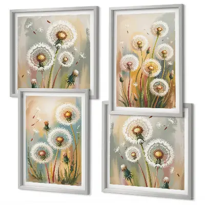 Composição de quadros com flores de dente-de-leão e gramíneas em tons pastel