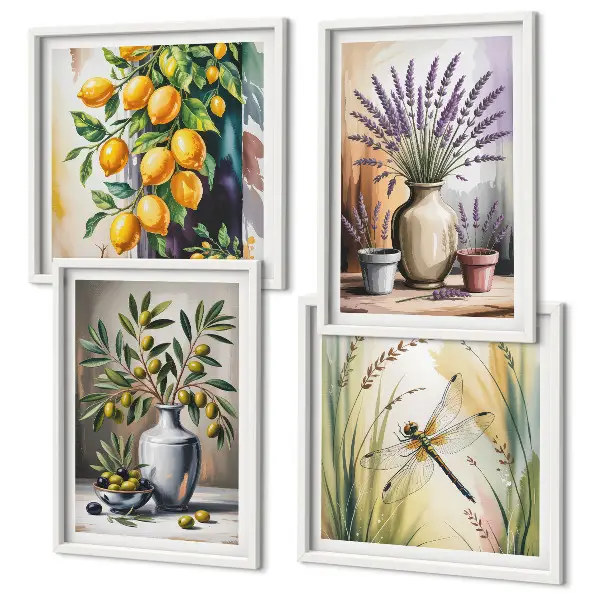 Conjunto de 4 quadros com moldura com estampa de flores de oliveira em vasos