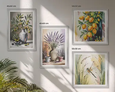 Conjunto de 4 quadros com moldura com estampa de flores de oliveira em vasos