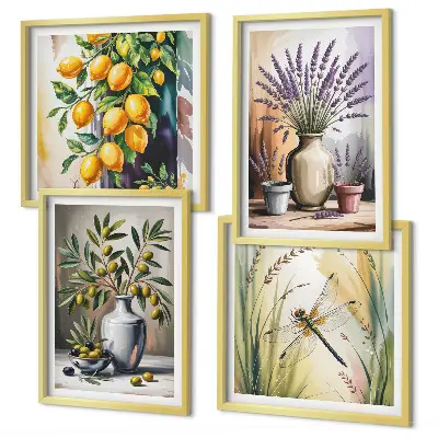 Conjunto de 4 quadros com moldura com estampa de flores de oliveira em vasos