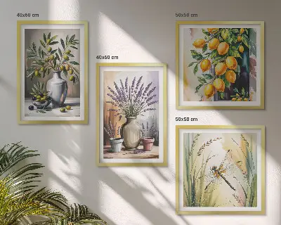 Conjunto de 4 quadros com moldura com estampa de flores de oliveira em vasos