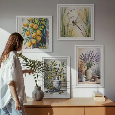 Conjunto de 4 quadros com moldura com estampa de flores de oliveira em vasos