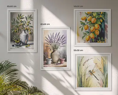 Conjunto de 4 quadros com moldura com estampa de flores de oliveira em vasos