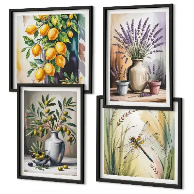 Conjunto de 4 quadros com moldura com estampa de flores de oliveira em vasos