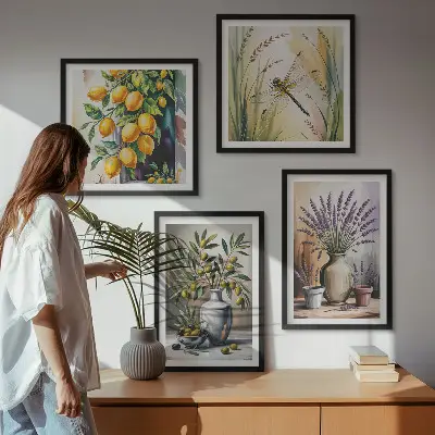 Conjunto de 4 quadros com moldura com estampa de flores de oliveira em vasos