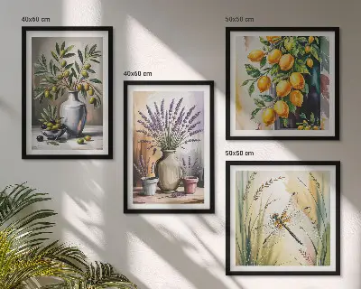 Conjunto de 4 quadros com moldura com estampa de flores de oliveira em vasos