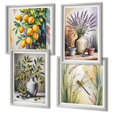Conjunto de 4 quadros com moldura com estampa de flores de oliveira em vasos