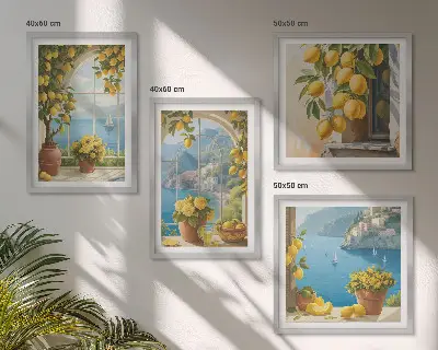 Composição de quadros paisagens do mar, limões e janelas