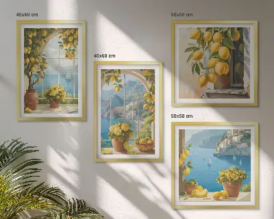 Composição de quadros paisagens do mar, limões e janelas