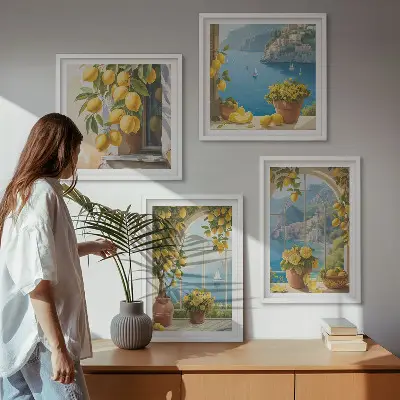 Composição de quadros paisagens do mar, limões e janelas