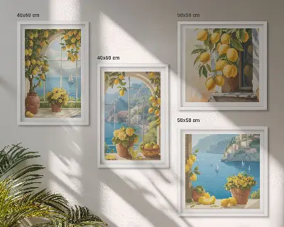 Composição de quadros paisagens do mar, limões e janelas