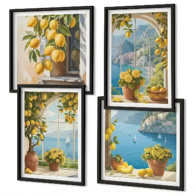 Composição de quadros paisagens do mar, limões e janelas
