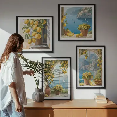 Composição de quadros paisagens do mar, limões e janelas