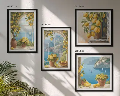 Composição de quadros paisagens do mar, limões e janelas