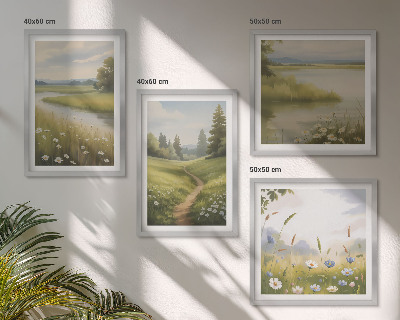 Políptico com moldura Paisagem de primavera com prado à beira do rio