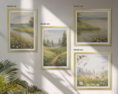 Políptico com moldura Paisagem de primavera com prado à beira do rio