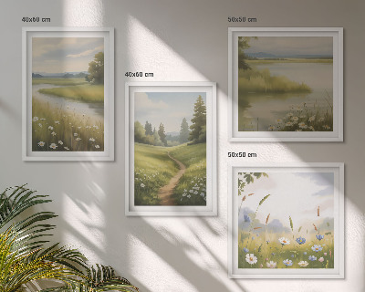 Políptico com moldura Paisagem de primavera com prado à beira do rio