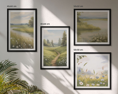 Políptico com moldura Paisagem de primavera com prado à beira do rio