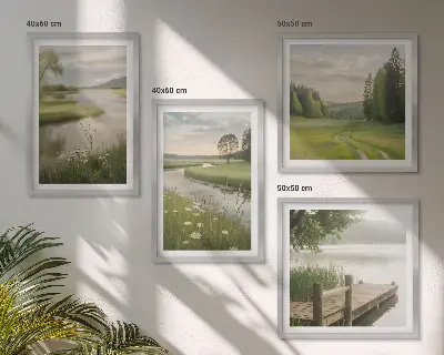 Composição de quadros paisagens de verão com prado à beira do rio