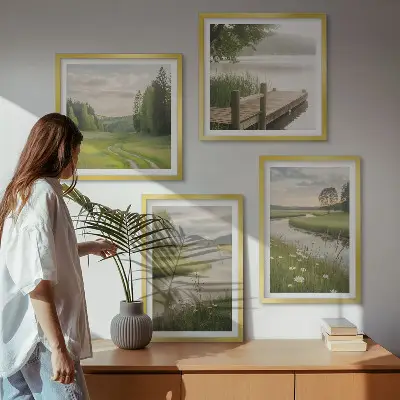 Composição de quadros paisagens de verão com prado à beira do rio