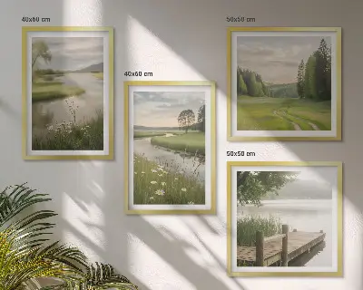 Composição de quadros paisagens de verão com prado à beira do rio