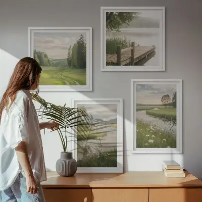 Composição de quadros paisagens de verão com prado à beira do rio