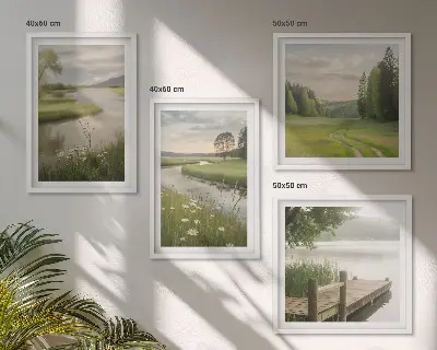Composição de quadros paisagens de verão com prado à beira do rio