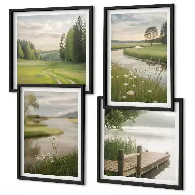 Composição de quadros paisagens de verão com prado à beira do rio