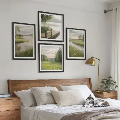 Composição de quadros paisagens de verão com prado à beira do rio