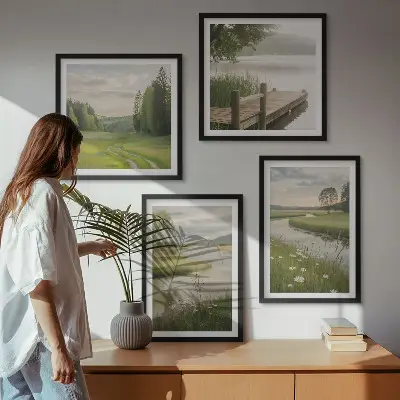 Composição de quadros paisagens de verão com prado à beira do rio