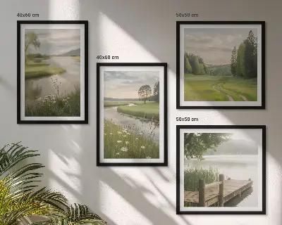 Composição de quadros paisagens de verão com prado à beira do rio