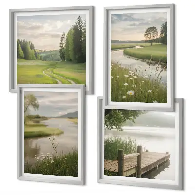 Composição de quadros paisagens de verão com prado à beira do rio