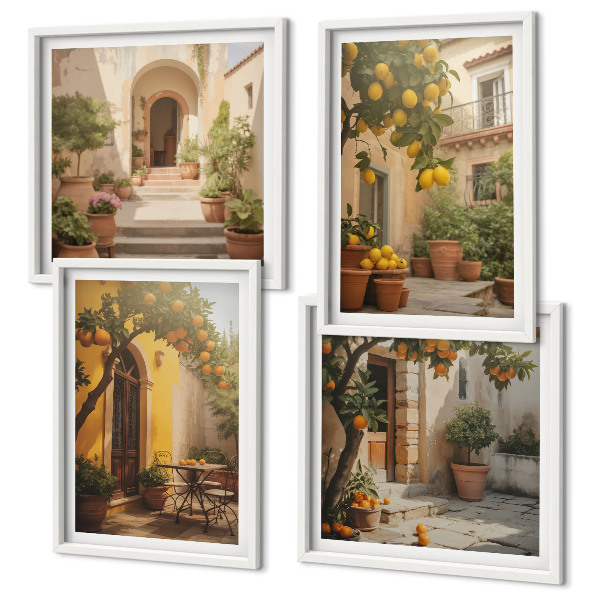 Conjunto de 4 quadros com moldura Pátio com árvores cítricas