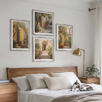 Conjunto de 4 quadros com moldura Pátio com árvores cítricas