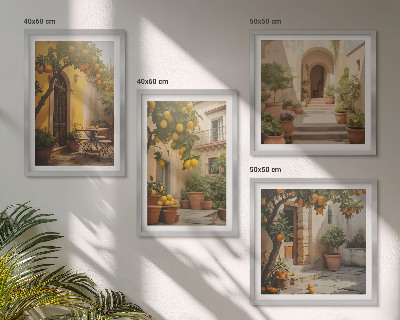 Conjunto de 4 quadros com moldura Pátio com árvores cítricas