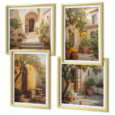 Conjunto de 4 quadros com moldura Pátio com árvores cítricas