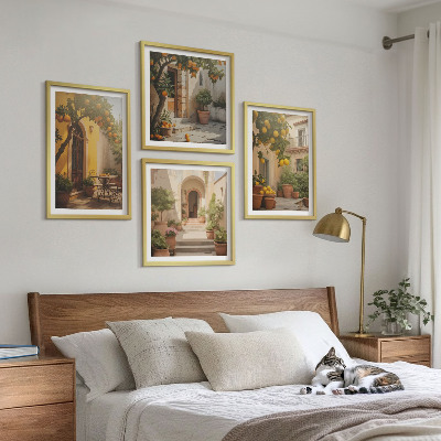 Conjunto de 4 quadros com moldura Pátio com árvores cítricas