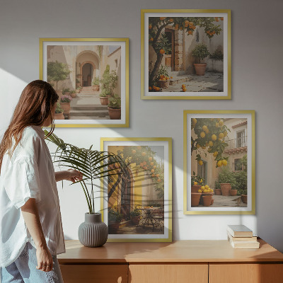 Conjunto de 4 quadros com moldura Pátio com árvores cítricas
