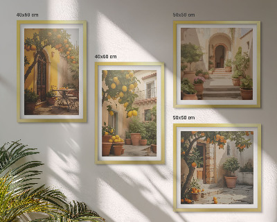 Conjunto de 4 quadros com moldura Pátio com árvores cítricas