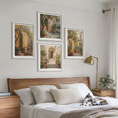 Conjunto de 4 quadros com moldura Pátio com árvores cítricas