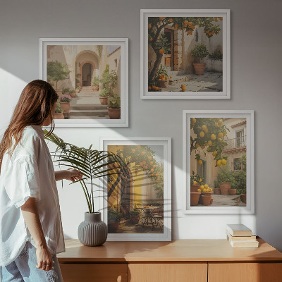 Conjunto de 4 quadros com moldura Pátio com árvores cítricas